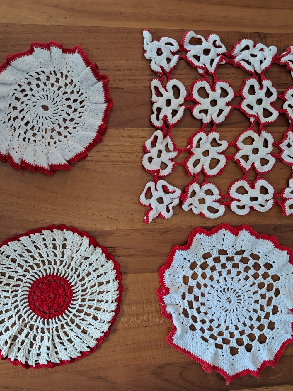 Handmade Crochet Doilies Set - White with Red Trim